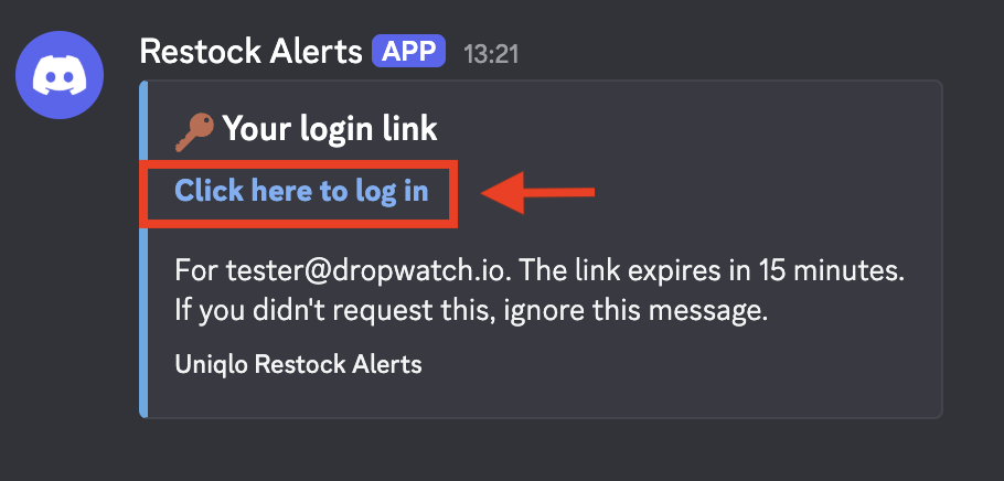 The login link delivered in Discord