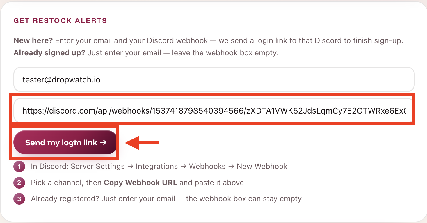 Enter email and webhook, then send the login link