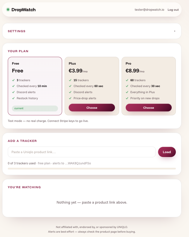 DropWatch dashboard after login
