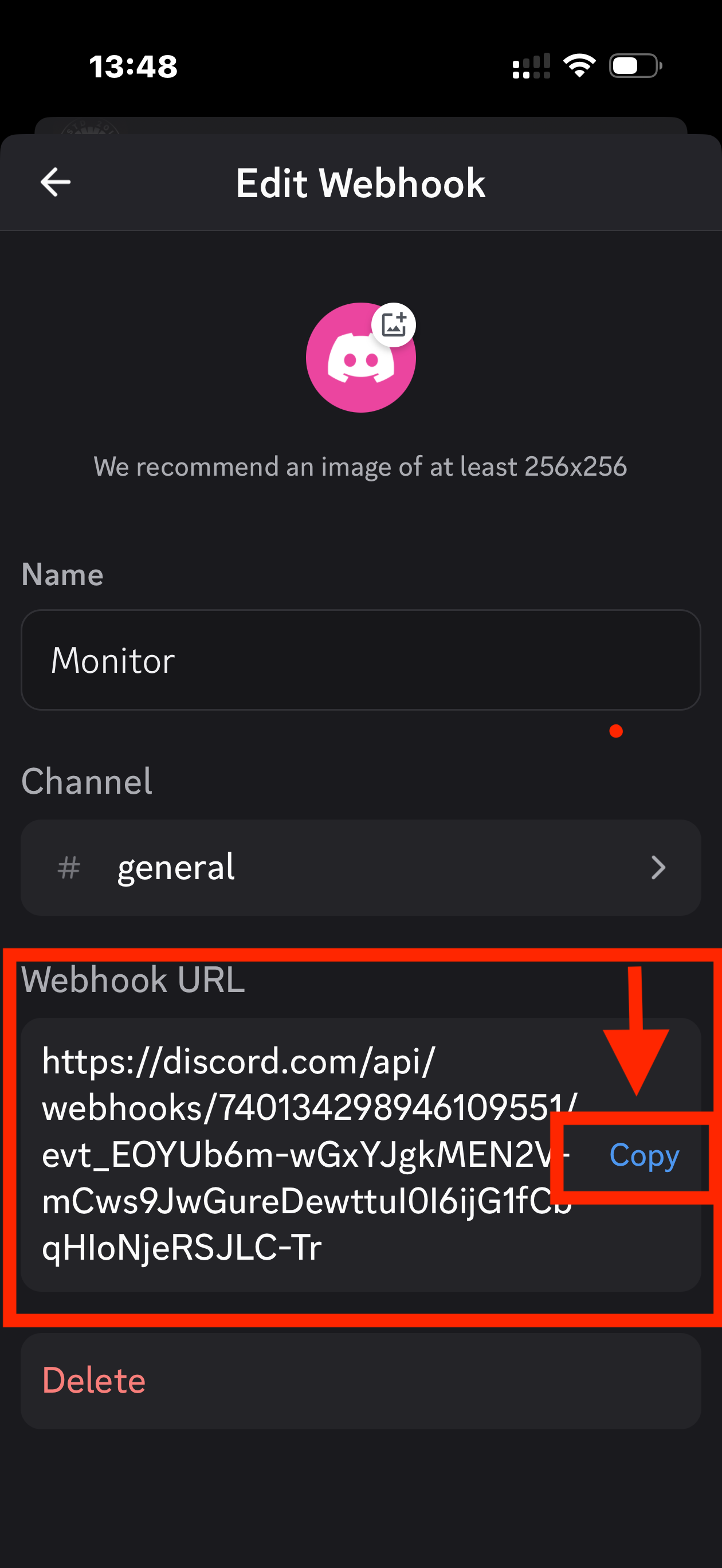 Copy Webhook URL